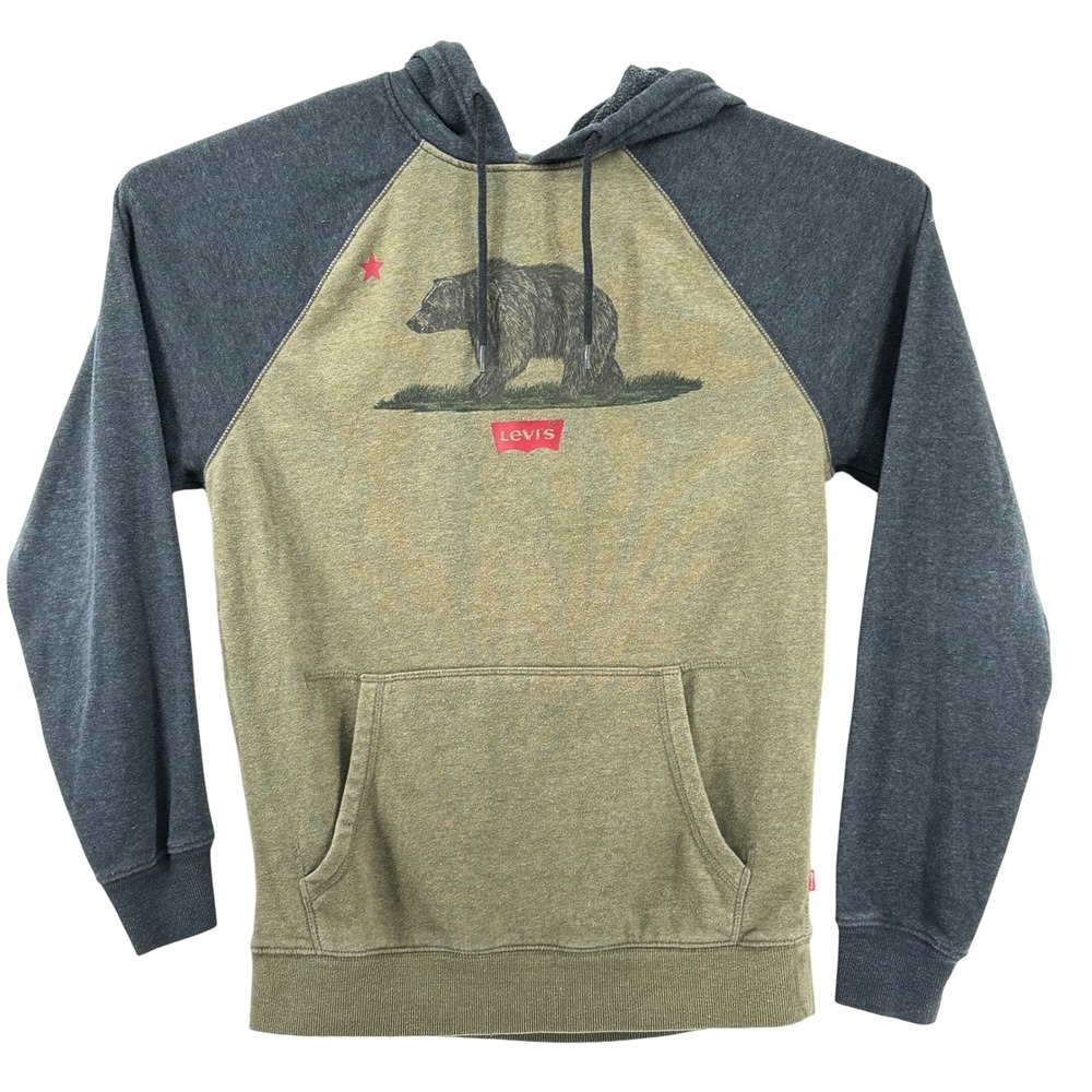 Levis Hoodie Mens Small Green Gray California Bear‎ Graphic Raglan Front Pocket - Picture 2 of 10